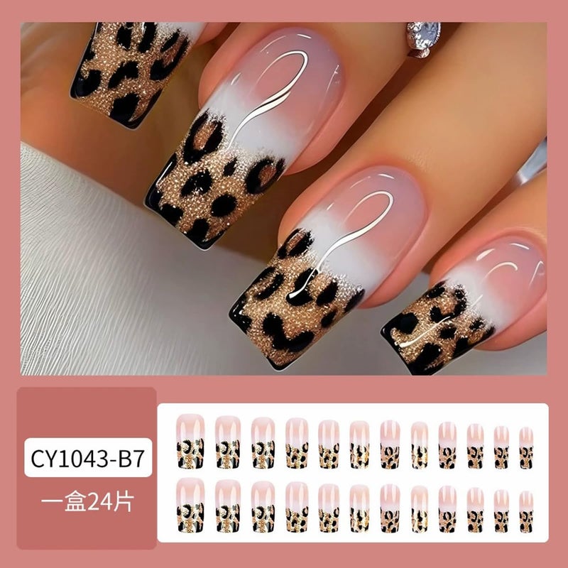 juggssa Long Coffin Press on Nails French Fake Nails Glossy Acrylic Press On Nails with Glitter Leopard Print Designs French Style Gradient Acrylic Full Cover Glue on Nails Long False Nails for Women 24PCS - Image 4